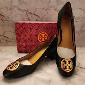 NIB Size 11.0 Tory Burch BENTON 50MM Pump Heels Logo Perfect Black Nappa Leather